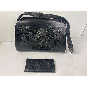 Black‎ Hand Tooled Brown Leather Purse Bag Wallet Matador Bullfighting Floral